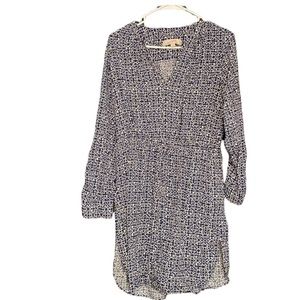 LOFT Blue &White tile print tunic/shirtdress w/ roll-up sleeves, pockets. Sz MED